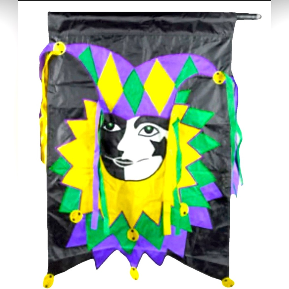 Mardi Gras Jester Banner Flag with Ribbons Double Sided 25"x36